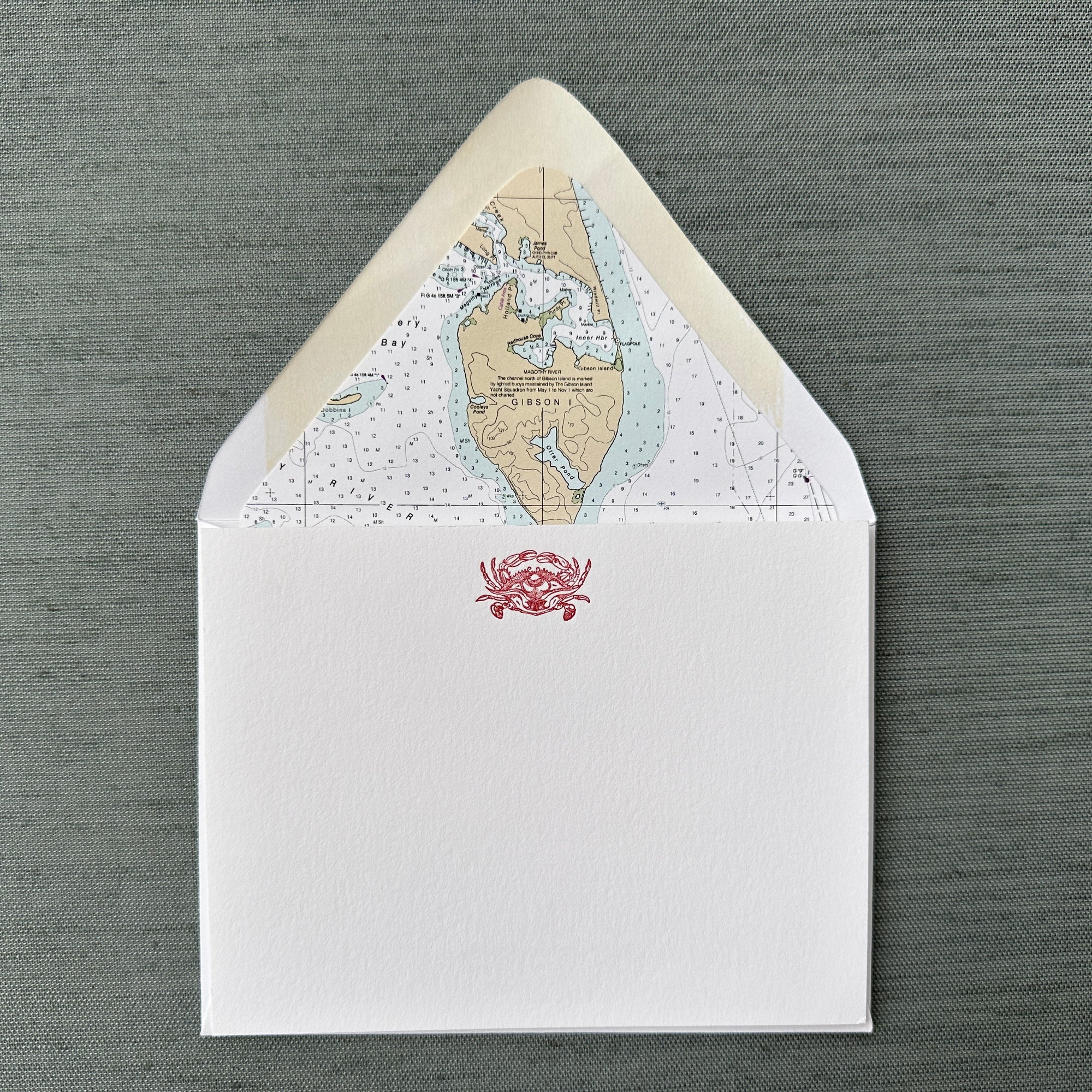 Crab Letterpress Cards with Magothy River Nautical Chart Envelope Liners, Set of 6