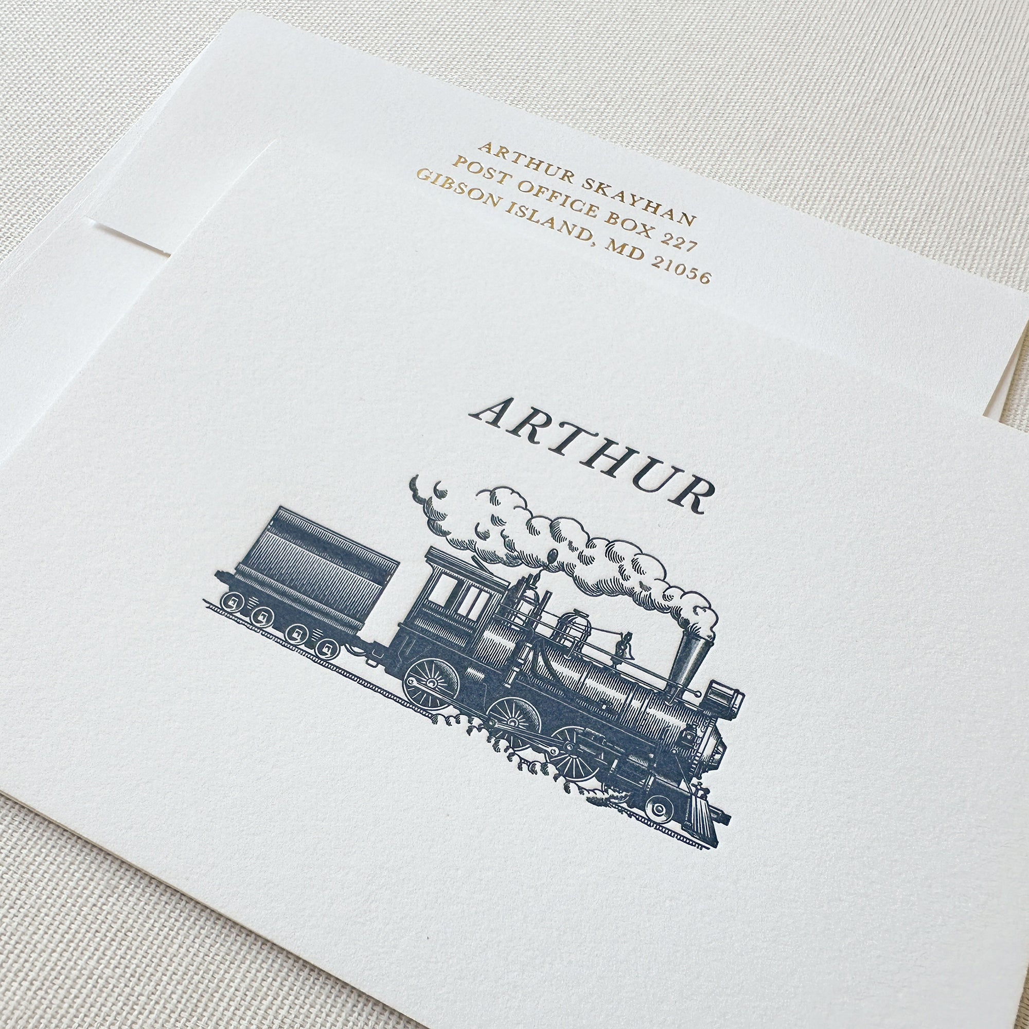 Letterpress Train Stationery and Envelope Angle