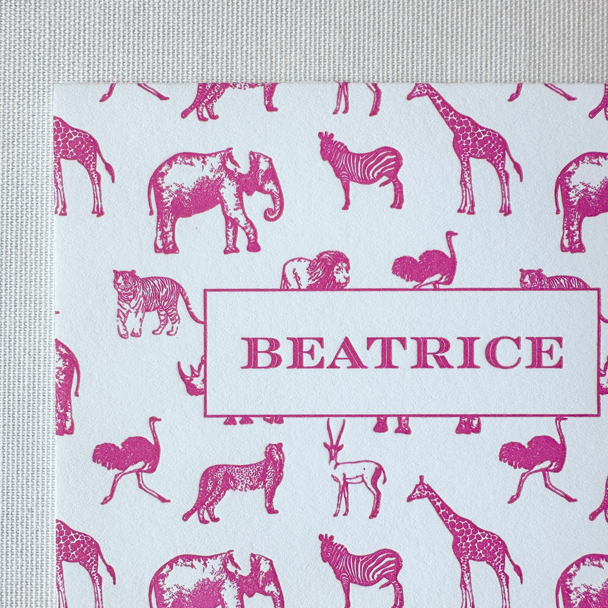 Safari Letterpress Stationery Close Up in Pink