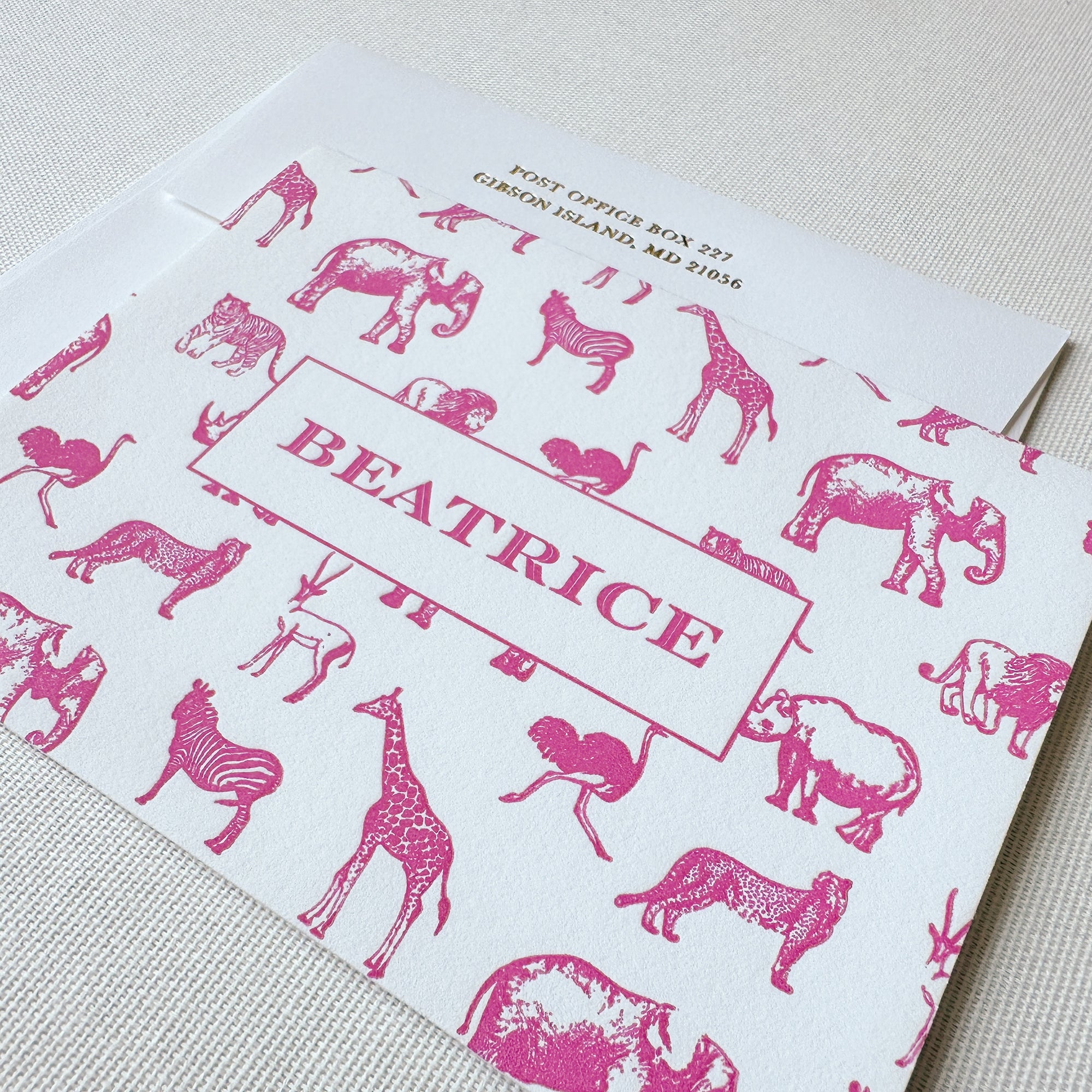 Safari Letterpress Stationery and Envelope Angled in Pink