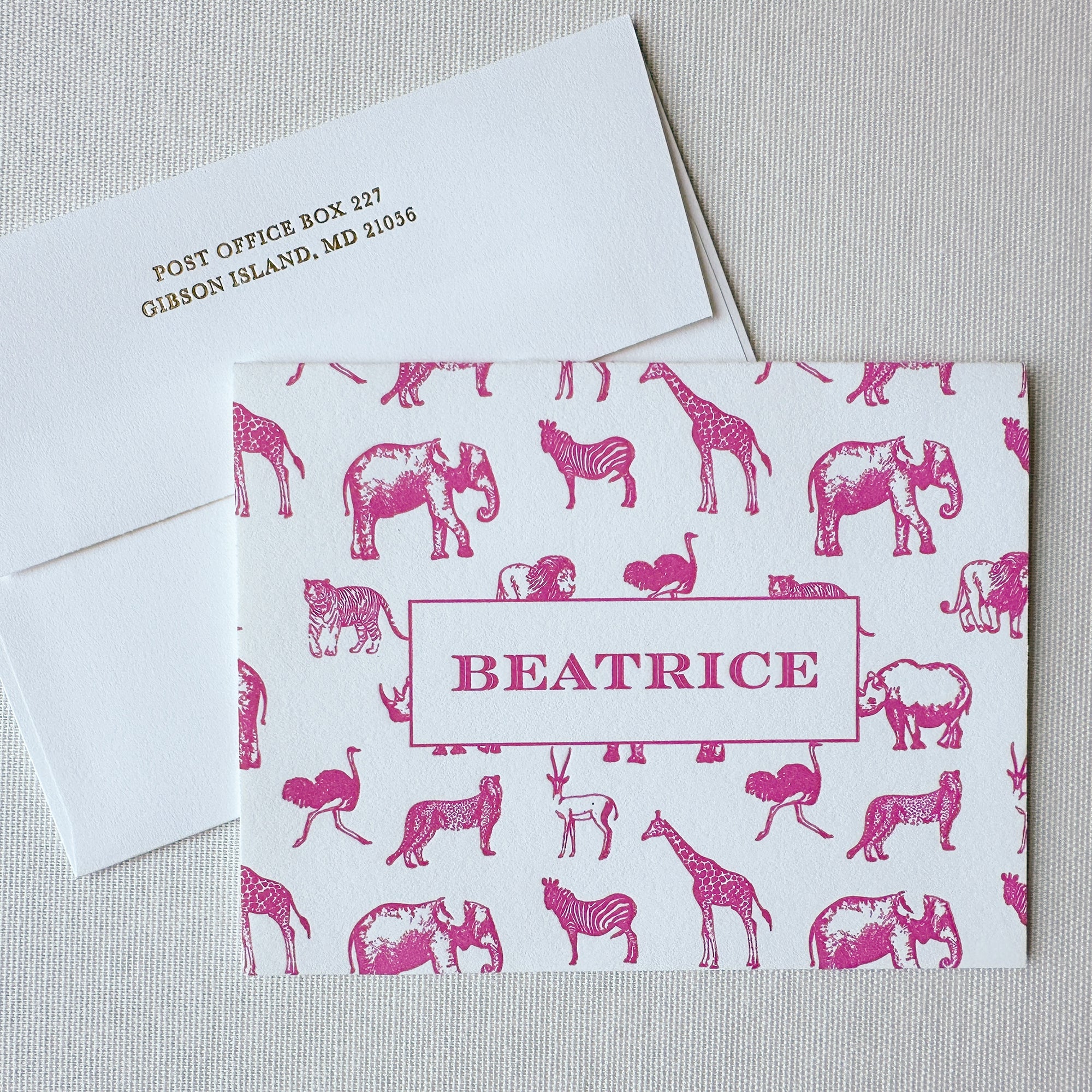 SafariLetterpress Stationery and Envelope Tilted in Pink