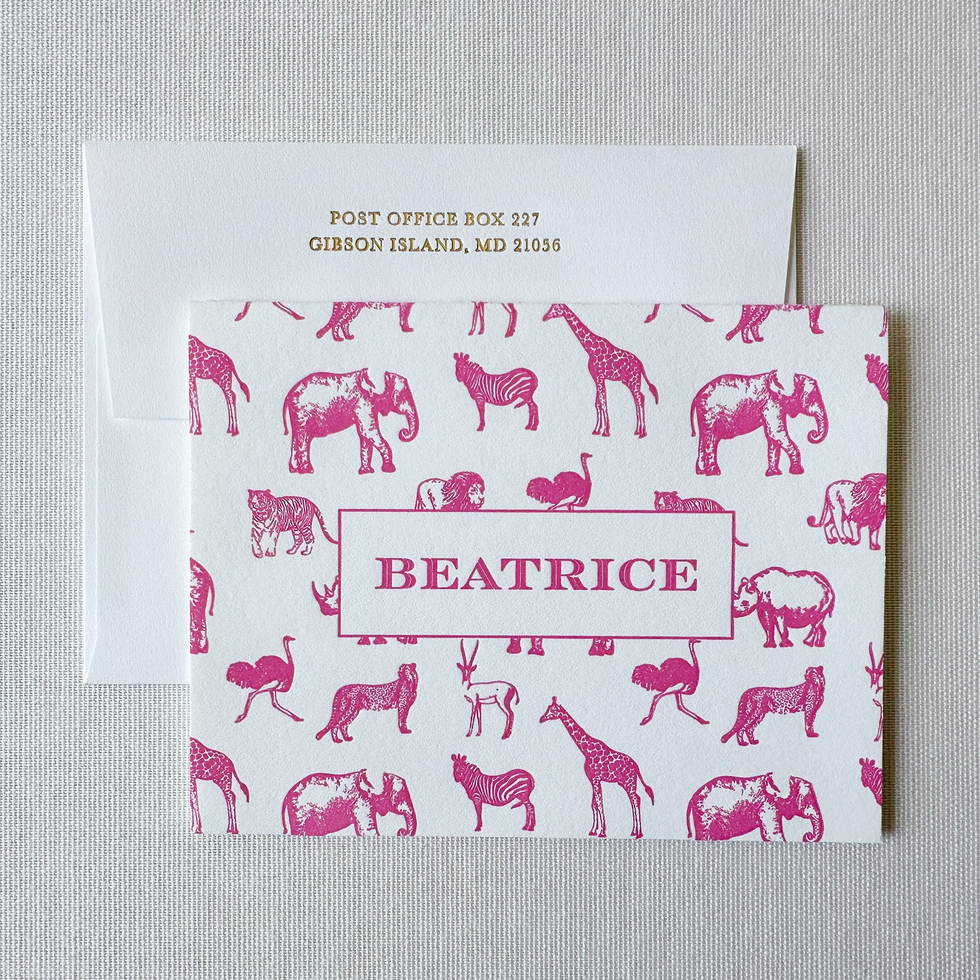 Safari Letterpress Stationery and Envelope in Pink