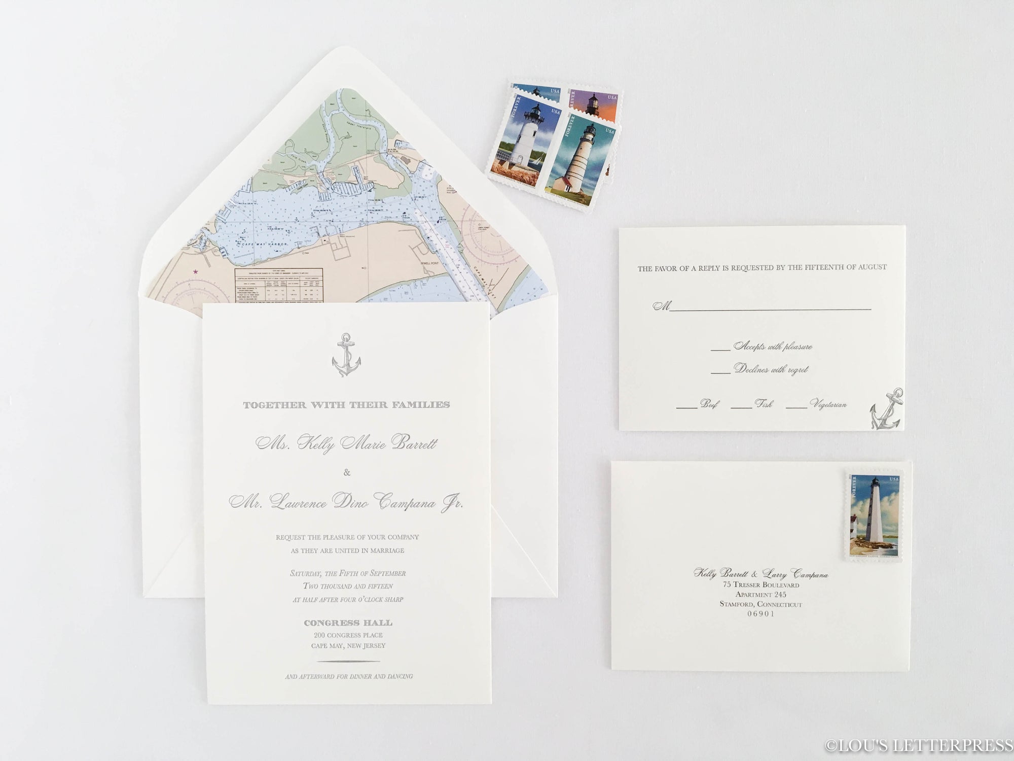 Nautical &#39;Anchors Aweigh&#39; Letterpress Wedding Invitation Sample